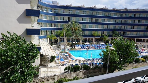 Lloret de mar, Spain - September 30, 2024: Beautiful panoramic view of GHT Aquarium and Spa hotel with pool