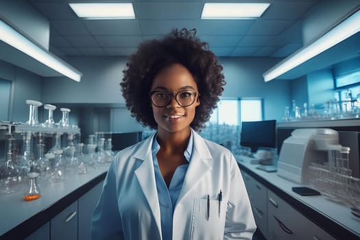 Black woman scientist in a modern chemical laboratory.