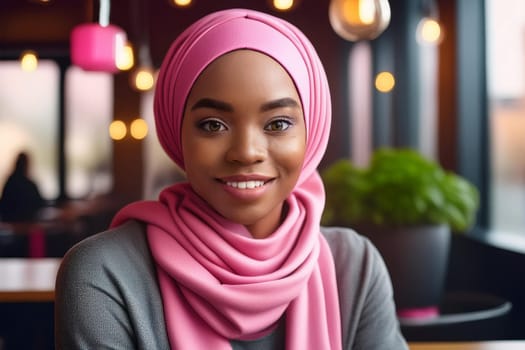 Woman in pink hijab smiling, wearing a casual outfit. Background shows a cafe setting with blurred patrons, cozy ambiance, relaxed vibes