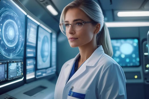 Female Research Scientist in Futuristic Scientific Laboratory.