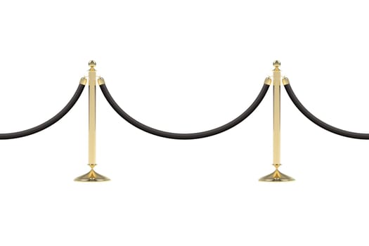Barriers with black rope, seamless line. Realistic image of golden stanchion poles, velvet rope. Isolated on white background. Vector illustration