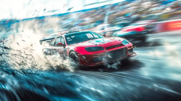 Red race car is speeding on a wet track with blurred crowds in the background, creating an exciting motorsport atmosphere. The image conveys a sense of speed and adrenaline