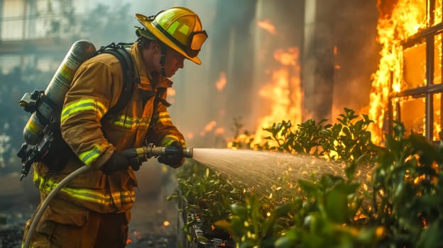 Brave firefighter in uniform courageously sprays water on plants to protect them from a house fire, highlighting the importance of quick action in emergencies