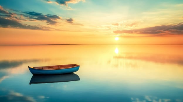 Small wooden boat is floating on the water during a beautiful sunset over a lake or sea. The sky is filled with colorful clouds and the sun is reflecting on the water