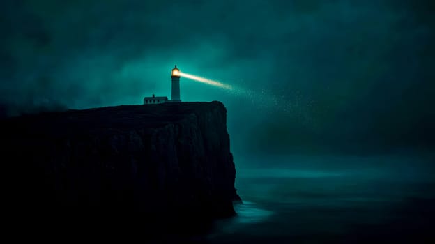 Powerful lighthouse stands tall on a rugged cliff, casting its guiding beam across the stormy sea on a dark and foggy night, offering hope and safety to ships in treacherous waters