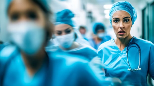 Concerned female doctor wearing blue scrubs with a stethoscope is walking in a hospital hallway with a team of doctors rushing behind her
