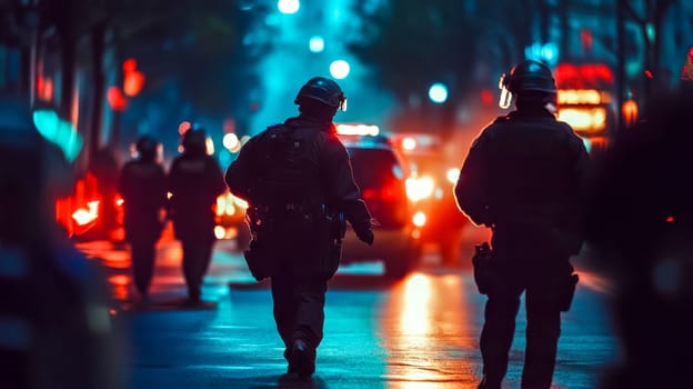 Police officers patrol city streets at night with flashing lights, creating a dramatic and tense scene