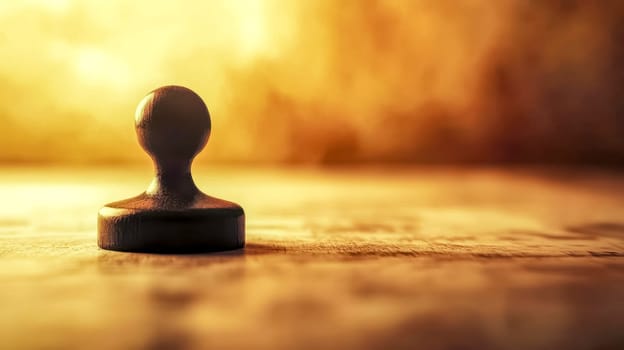 Notary public rubber stamp is standing on a wooden desk, illuminated by a warm golden light, suggesting an important document is waiting to be approved