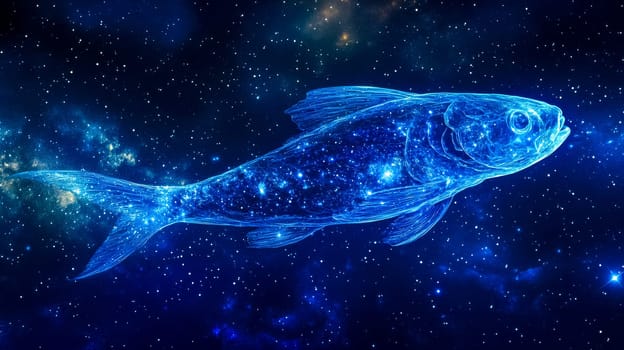 Swimming gracefully through space, a luminous starry fish moves among blue nebulae, creating a mesmerizing celestial scene