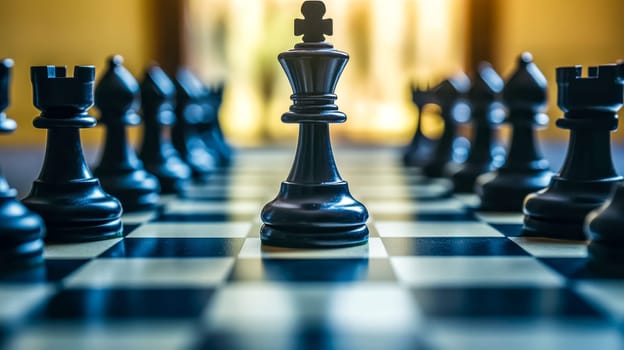 Black king chess piece is standing on a chessboard, surrounded by other black chess pieces, representing strategy and leadership. The shallow depth of field emphasizes the king's importance