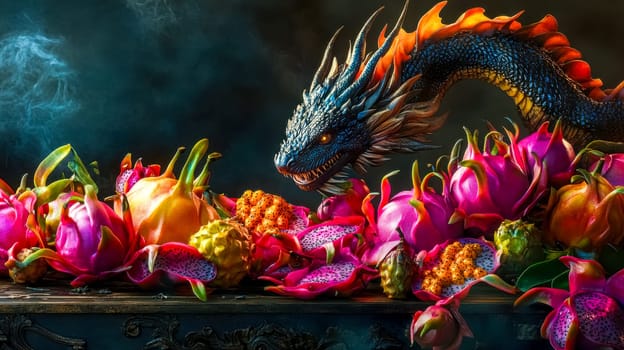 Fearsome blue dragon with fiery mane guarding a treasure of exotic dragon fruit, passion fruit, and other tropical delights on a dark wooden table