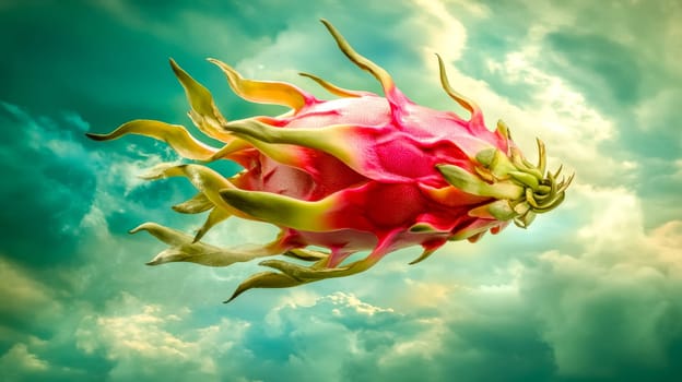 Vibrant dragon fruit floats gracefully against a dramatic cloudscape, creating a fantasy like scene full of color and creativity. Perfect for adding a pop of summer to any design