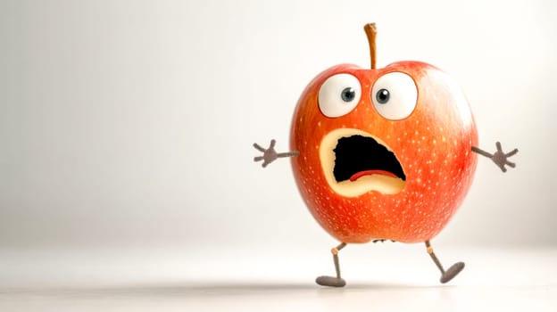 Scared red apple character with big eyes and small legs runs away in fear, creating a funny and relatable image for food and health projects