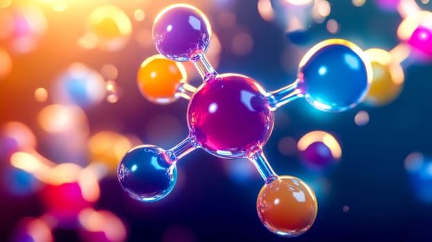 3d rendering of a colorful molecule structure floating in a microscopic fluid, ideal for illustrating scientific or technological concepts
