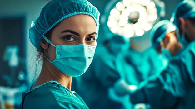 Female surgeon is standing in the operating room with her colleagues performing surgery on a patient in the background