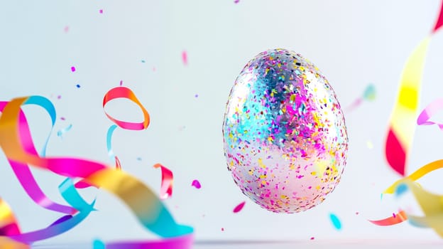 Silver glitter easter egg is floating in the air surrounded by colorful ribbons and confetti on a white background. This festive image is perfect for easter celebrations