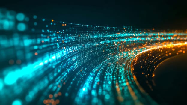 Mesmerizing blue and orange data stream travels through cyberspace. Symbolizing digital technology and information. Glow. Speed. And motion showcase connectivity and innovation in the virtual realm