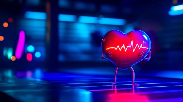 3d illustration of a heart character holding an ekg line, standing in a futuristic environment with blue and pink neon lights