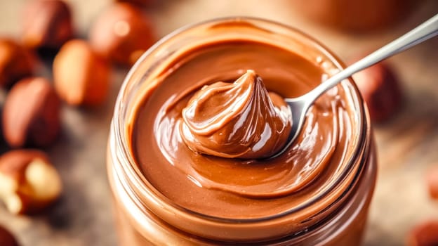 Spoon lifting out a dollop of chocolate hazelnut spread from a glass jar, with whole hazelnuts scattered around on a rustic wooden table