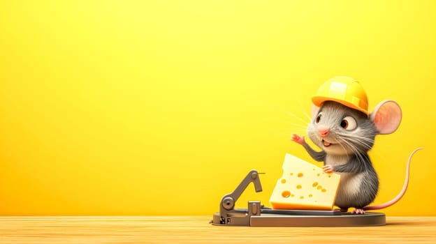 Happy cartoon mouse wearing a yellow hardhat is holding a piece of cheese and gesturing with his other hand while standing on a mousetrap