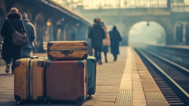 Vintage suitcases scattered on misty train station platform, blurred figures walking by, capturing travel excitement and adventure