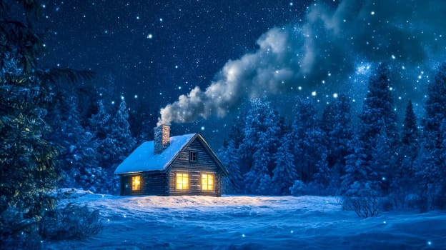 Smoke is coming out of the chimney of a small wooden cabin glowing under a starry winter night, surrounded by a snowy forest