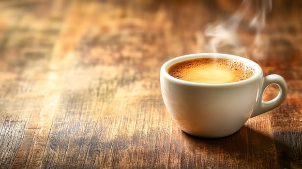 The rich aroma of a steaming cup of coffee fills the air. Creating a warm and inviting atmosphere on a rustic wooden table. Enjoy the cozy comfort of a hot beverage in a relaxing coffee break moment