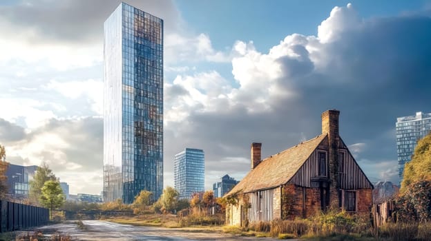 Old brick house stands decaying in an empty field as a modern glass skyscraper towers over it, highlighting the contrast between urban development and historical preservation