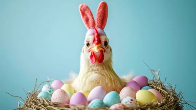 White chicken with bunny ears sits in a nest with colorful eggs, perfect for easter cards or banners