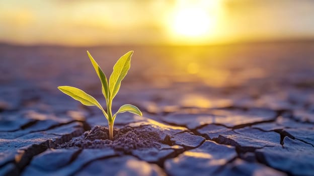 Small plant is growing out of dry, cracked earth as the golden sun sets in the background. This image inspires hope and renewal, even in the face of adversity