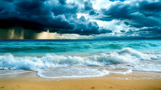 Dark storm clouds are gathering over a turquoise ocean with waves crashing on a sandy beach. The sunlight is breaking through the clouds, creating a dramatic and beautiful scene