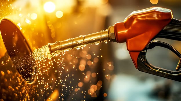 Fuel dispenser pouring gasoline, drops spilling at gas station during sunset. Warm golden light creates mesmerizing backdrop for refueling car