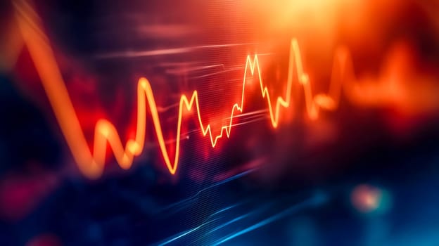 Stock market graph is fluctuating on a monitor with dramatic red and orange lighting. The volatility of the market is evident in the sharp peaks and valleys of the chart
