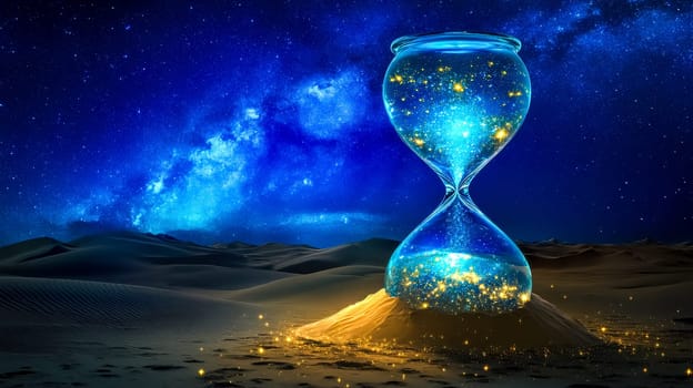 Hourglass sparkles in a desert under a starry sky, capturing the beauty of time passing in the universe