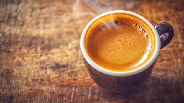 Steaming coffee cup on wooden table, cozy and inviting. Rich aroma, bubbles of crema and foam. Perfect for relaxing break or delightful morning treat