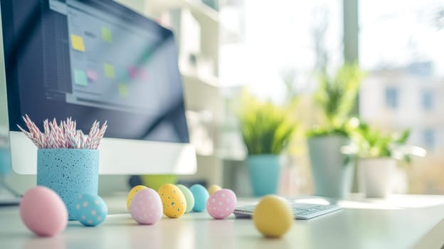 Easter eggs are sitting on a desk in an office in front of a computer showing empty software on the screen. There are plants in the background