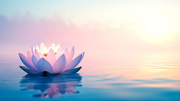 Single lotus flower is serenely floating on still water, illuminated by the soft, warm light of the setting sun. The tranquil scene evokes a sense of peace and tranquility