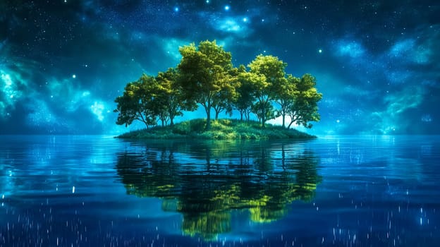 Lush green trees are growing on a small island in the middle of a lake, reflecting in the calm water under a beautiful starry night sky