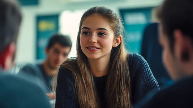 Joyful young woman chats with classmates in a vibrant classroom, showcasing teamwork and communication skills