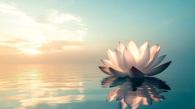 Serene white lotus floats on calm water at sunset, reflecting the sky and creating peace and tranquility