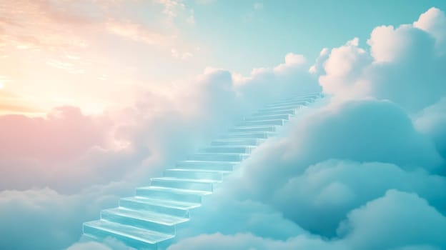 Climbing a magical stairway towards a bright light through fluffy clouds at sunset, evoking hope and fantasy with a spiritual and mystical vibe. Perfect for faith and imagination concepts