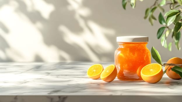 Jar of orange marmalade is sitting on a marble countertop with fresh oranges, bathed in natural sunlight streaming through a nearby window