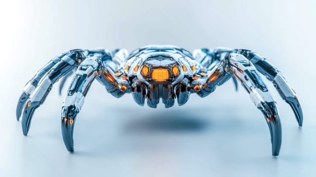 Futuristic spider robot with glowing orange lights stands confidently on a white surface, showcasing cutting edge technology and innovation in ai and robotics