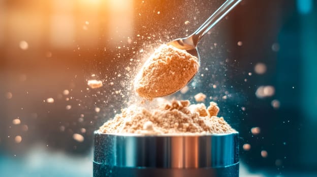 Metal spoon is scooping whey protein powder to prepare a protein shake, with particles scattering in the air against a blurred background