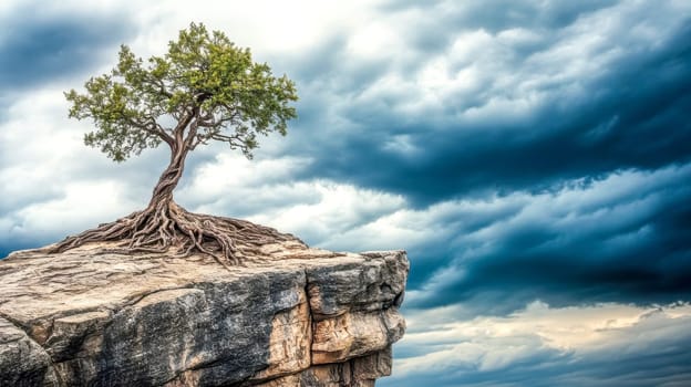 Lone tree is standing strong on a cliff, its roots gripping the rock, as storm clouds gather in the distance, creating a dramatic contrast between resilience and the power of nature