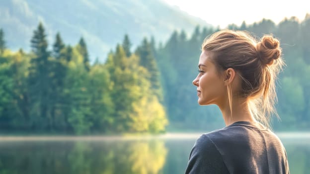 Young woman relaxes by a tranquil lake, enjoying the peaceful forest in the morning light. Embracing nature, finding inspiration in quiet moments