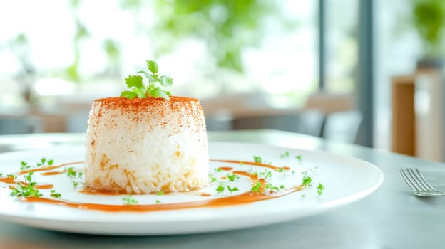 Delicious rice dish is presented on a white plate, garnished with herbs and spices, ready to be enjoyed in a bright and airy restaurant setting