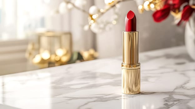 Red lipstick in golden tube standing on a marble vanity table with golden decorations, creating a luxurious and glamorous atmosphere