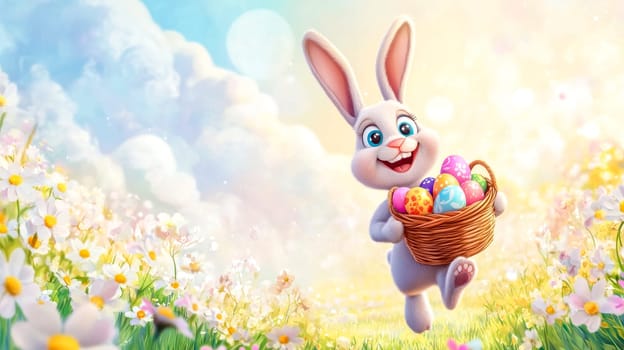 Cheerful bunny is hopping through a field of flowers, carrying a basket full of colorful easter eggs. The image conveys the joy and excitement of easter