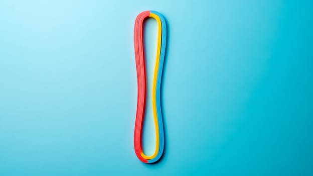 Colorful paper tapes arranged on blue background create abstract shape, perfect for creative projects. Bright red, yellow, and blue add modern touch